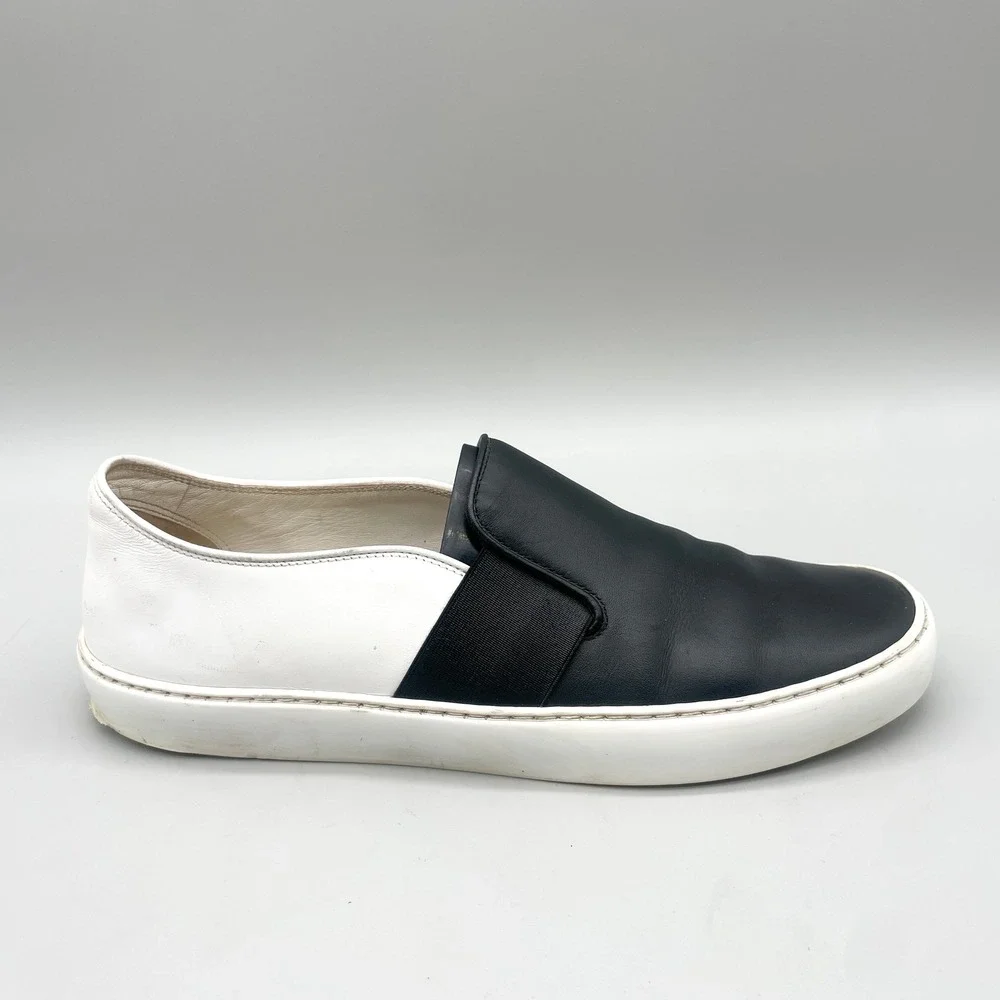 Chanel Womens 40 CC Logo Slip On Sneakers Black White Leather Tennis Preppy Chic